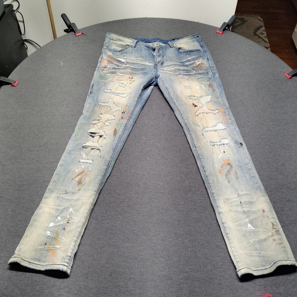 GFTD LA Skinny Jeans Mens 36x34 Aqua Distressed Rip Repair Stretch
